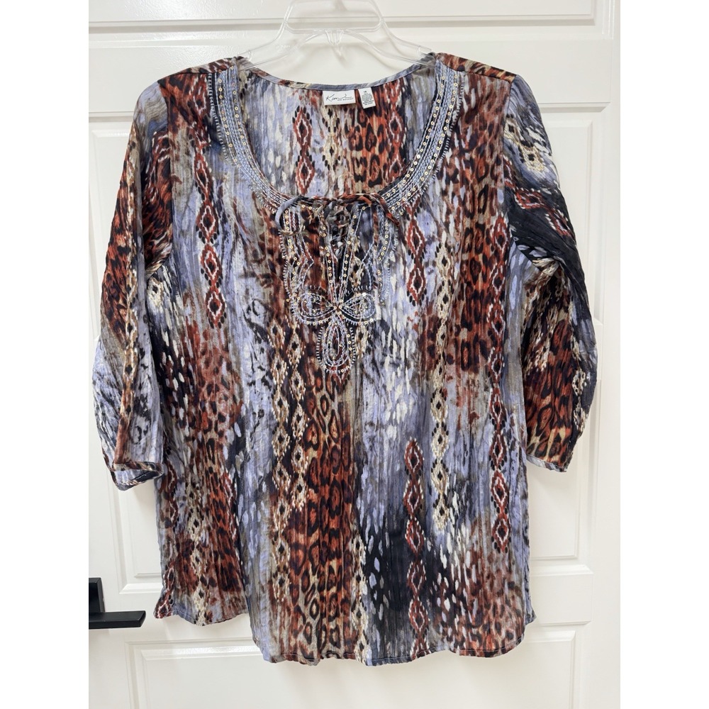Kim Rogers Women 1X Blouse Tunic Multicolor Beaded Tassel Tie Top